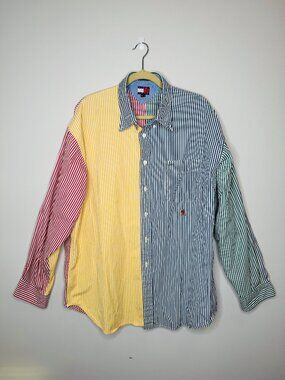 Tommy Hilfiger Vintage 90s Cotton Button Up Mens XL Colorful Stripe Chest Pocket